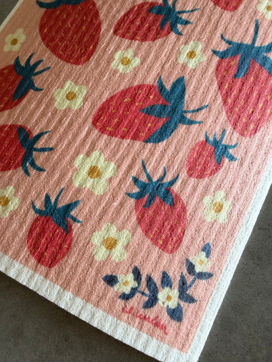 close up detail of strawberry Swedish dishcloth