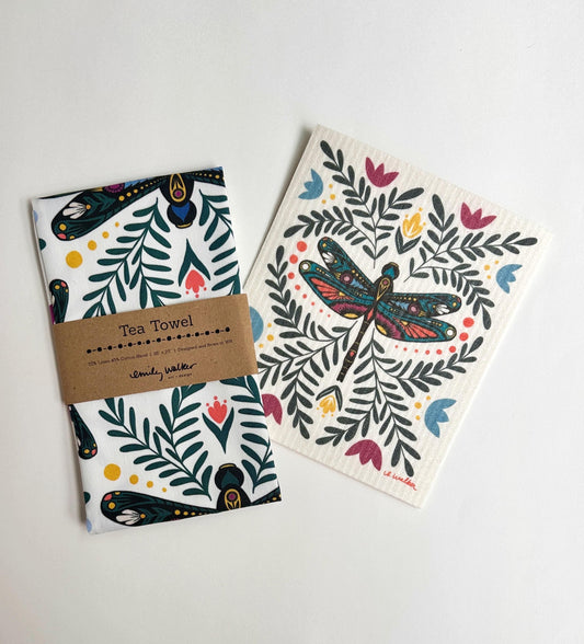 Dragonfly Gift Set - Tea Towel & Swedish Dishcloth
