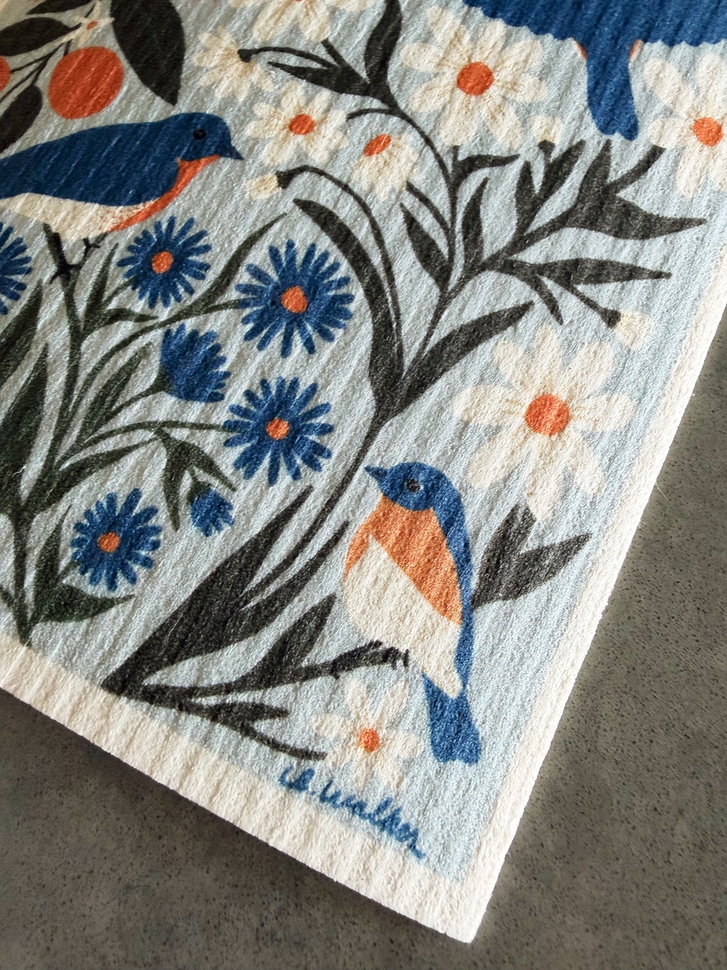 close up detail of bluebird swedish dishcloth