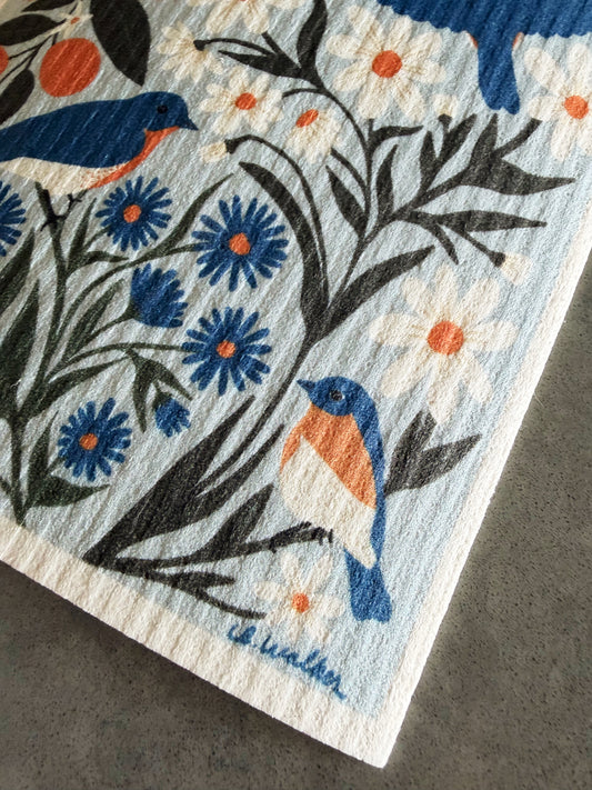 close up detail of bluebird swedish dishcloth