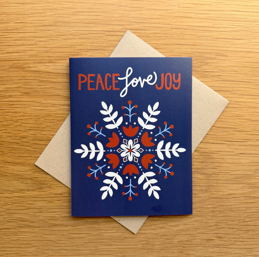 Peace Love Joy - Navy blue card with Scandinavian snowflake design.