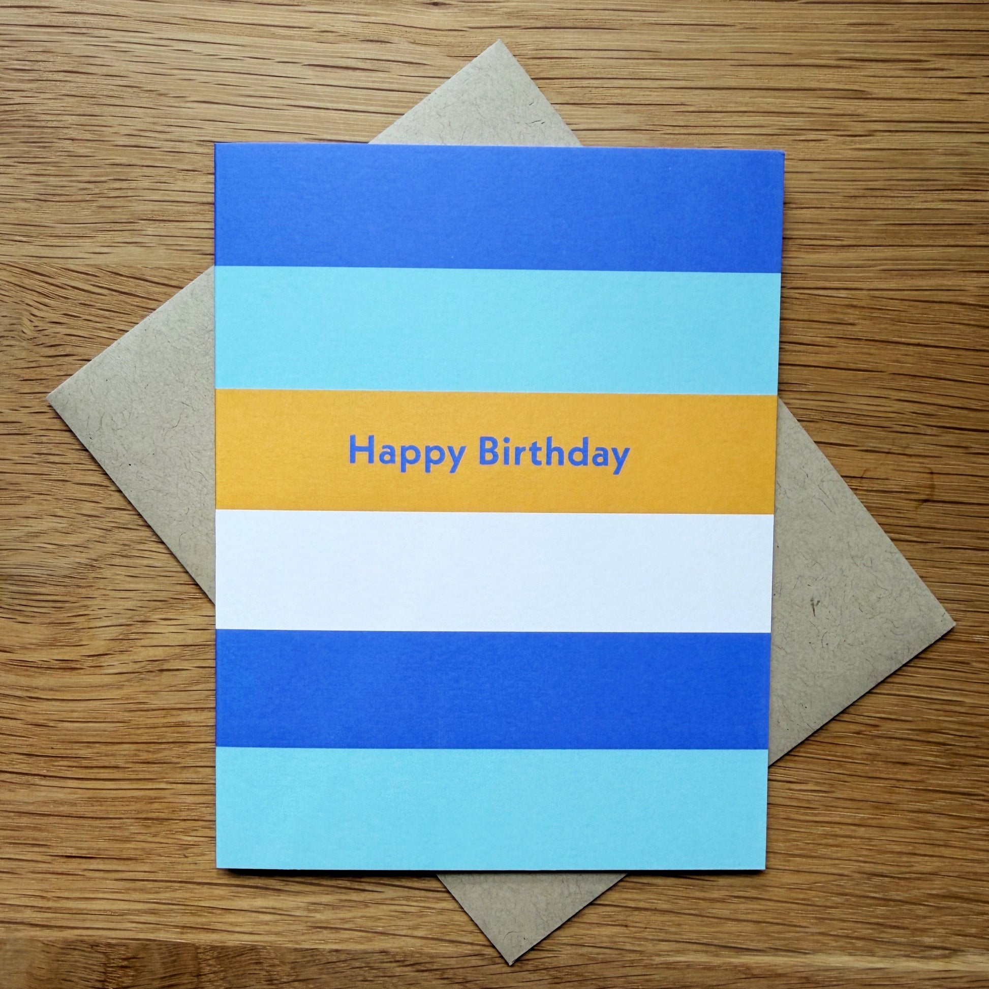 Happy birthday card with blue, teal and yellow stripes.