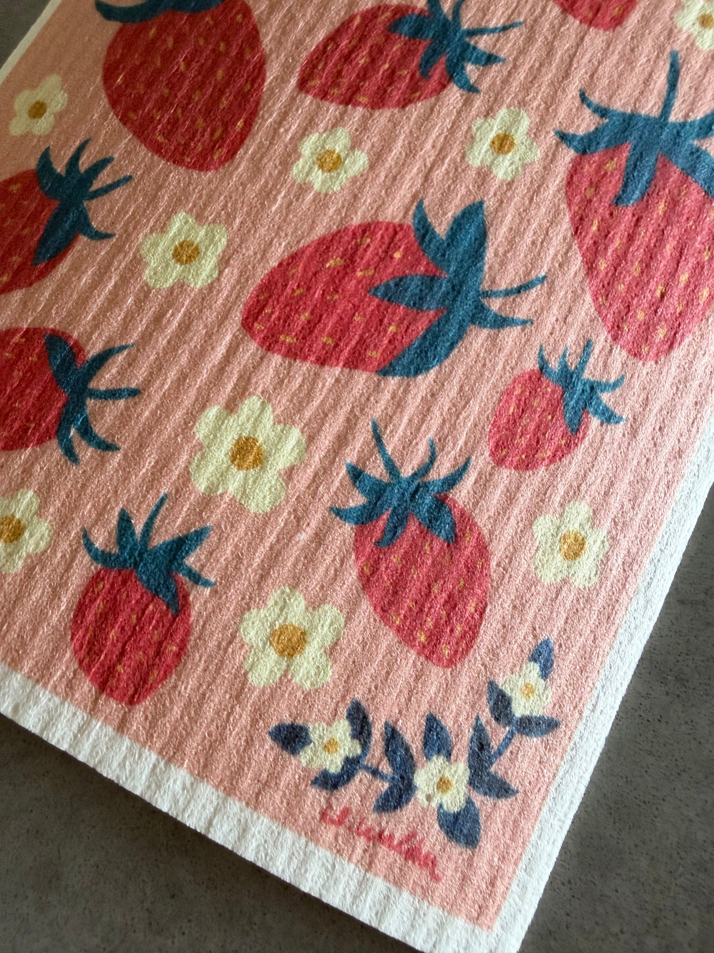 close up detail of strawberry Swedish dishcloth